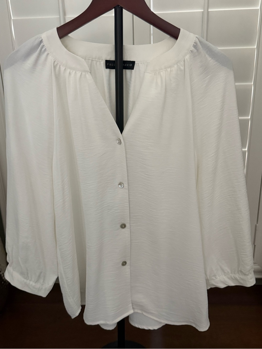 Fred David White Button-Front Blouse with Gathered Yoke
